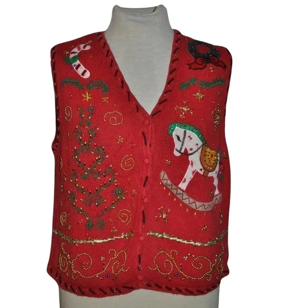 Segue Women's Red‎ Christmas Gold Beaded Rocking Horse Sweater Vest Size Large